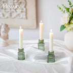 Hewory Glass Taper Candle Holders: 2PCS Green Vintage Candle Holder Candlestick Holders Bulk, Ribbed Glass Candle Holder Candle Sticks Holder Decor for Table Centerpiece Wedding Christmas Home Decor