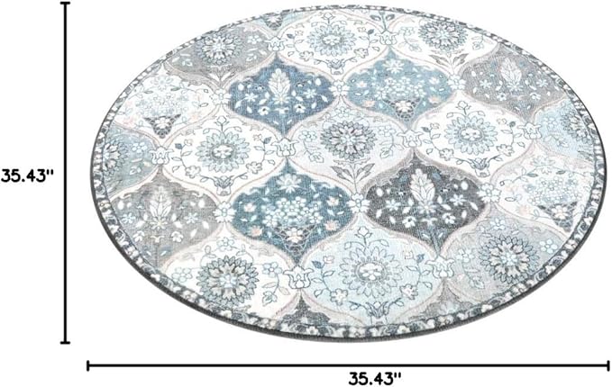 Lahome Moroccan Trellis Round Area Rugs, Washable Small Round Rug 3ft Non-Slip, Soft Vintage Ultra-Thin Circle Carpet for Bedroom Entryway Kitchen Laundry Bathroom, Blue