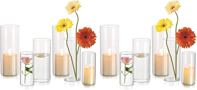 Glasseam Glass Cylinder Candle Holder: Set of 12 Hurricane Candle Holders for Pillar Candles Glass Candle Holder Hurricane Vase Clear Vases for Centerpieces Floating Candle Vases for Flowers Decor