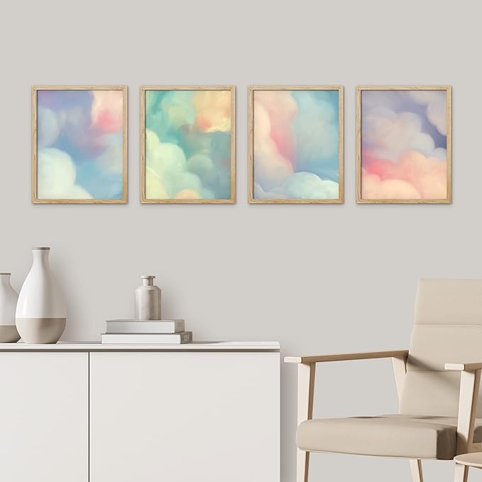 SIGNWIN Framed White Pastel Watercolor Rainbow Sky Clouds Wall Art, Set of 4 Abstract Geometric Wall Decor Prints, Nature Wilderness Wall Décor for Living Room, Bedroom - 8"x10" Natural