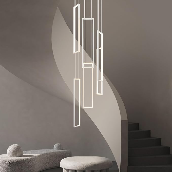 Modern Adjustable Height Pendant Light White 108W LED Pendant Lights 6 Rings Rectangular Chandelier Staircase Large Chandelier Lobby Living Room Kitchen Island Foyer High Ceiling Chandeliers