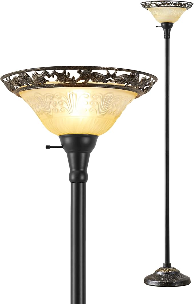 Luvkczc Torchiere Floor Lamp for Living Room - 70" Victorian Standing Lamp with Etched Glass Shade, Corner Floor Lamps for Bedroom/Office