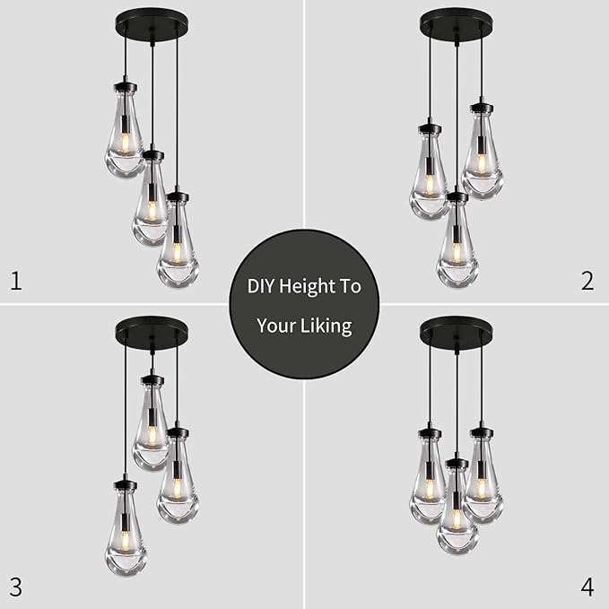 Raindrop Pendant Light Kitchen Island, 3 Lights Black Pendant Lights for Dining Room, 3-Light Bronze Pendant Lighting For Bedroom, Cluster Pendant Light for Bathroom, Livring Room Includes Bulb