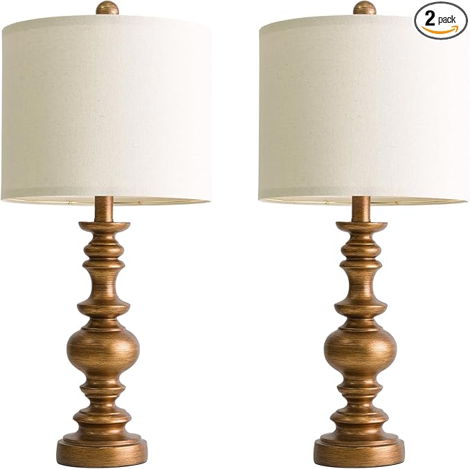 BOBOMOMO 24" Traditional Lamps Set of 2 – Antique Gold Bedside Lamps with Linen Shades, Elegant Medium Farmhouse Lamps for Living Room, Bedroom, and Hallway, Ideal for Warm, Cozy Spaces