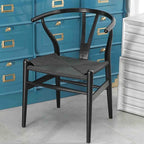 Wishbone Chair, Solid Wood Armrest Woven Seat Chair, Kitchen & Dining Chair, Wishbone Y Black Chairs - Set of 2 (Ash Wood - Black)