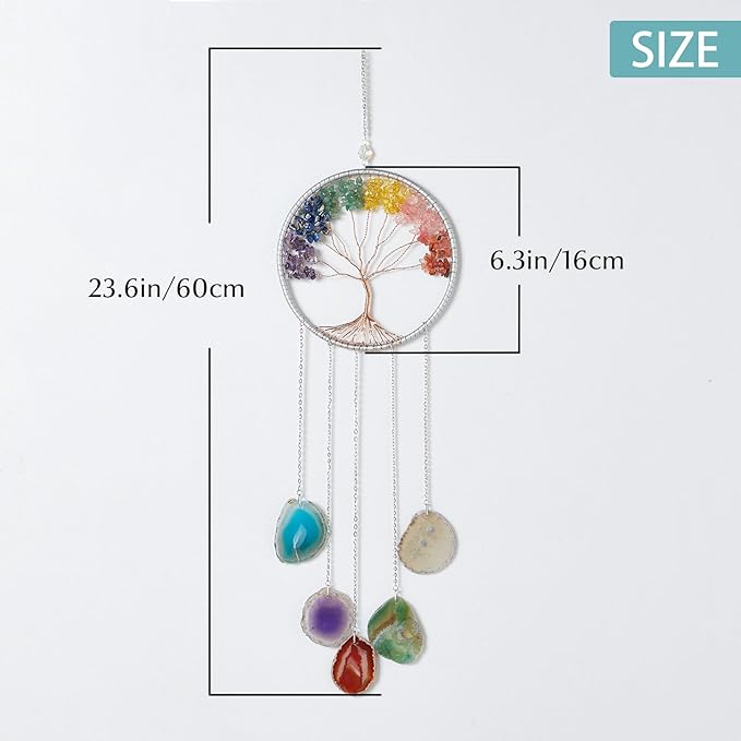 Rainbow 5 Agates Gemstone Dream Catcher Tree of Life Chakra Dream Catcher with Healing Crystal Stones Handmade Dreamcatcher Wall Decor for Adults Boys Girls,Bedroom,Wedding,Garden,Bless Gift