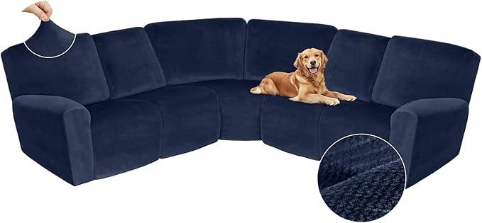 Arfntevss Sectional Recliner Couch Covers Velvet Corner Sectional Sofa Cover for Reclining Couch Stretch Soft L Shape Recliner Slipcover Thick U Shaped Washable Protector (5 Seat Cover, Navy Blue)