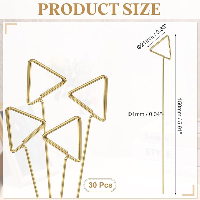 uxcell 30 Pcs Table Card Holders, 5.9 Triangle Metal Craft Wire Clips Picture Clip Table Number Holders Picks for Wedding, Photos, Memo, Restaurant, Gold