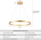 Modern Led Pendant Light Modern Led Chandelier, 1 Ring Circular Chandelier Dimmable Hanging Pendant Lighting for Living Room Dining Room Kitchen Island Foyer Office 23.6", 3000-6000K Gold