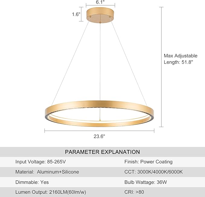 Modern Led Pendant Light Modern Led Chandelier, 1 Ring Circular Chandelier Dimmable Hanging Pendant Lighting for Living Room Dining Room Kitchen Island Foyer Office 23.6", 3000-6000K Gold