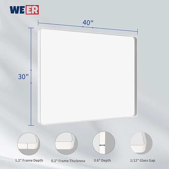 WEER White Bathroom Mirror 40X30 Inch, Rounded Rectangle White Metal Frame Mirror, Matte White Bathroom Vanity Mirror with Tempered Glass, Anti-Rust, Hangs Horizontally or Vertically
