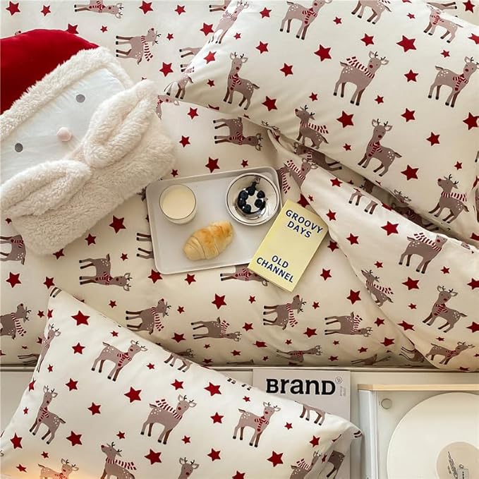 Christmas Comforter Set Queen Size, Christmas Bed Set with Reindeer Stars Red Bedding Set for Holiday, 3 Pieces 1 Super Soft Comforter and 2 Pillowcase