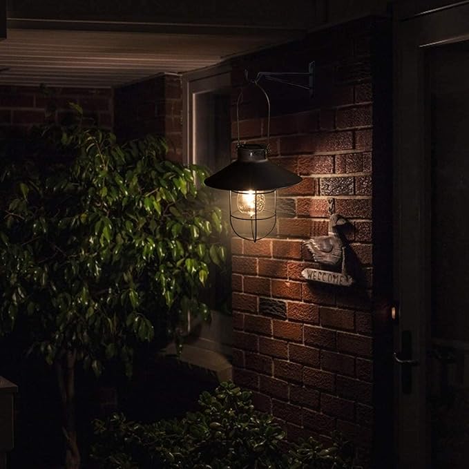 pearlstar Solar Lantern Outdoor Hanging Light Metal Solar Lamp with Warm White Edison Bulb Design for Garden Yard Patio Proch Decor(Black)