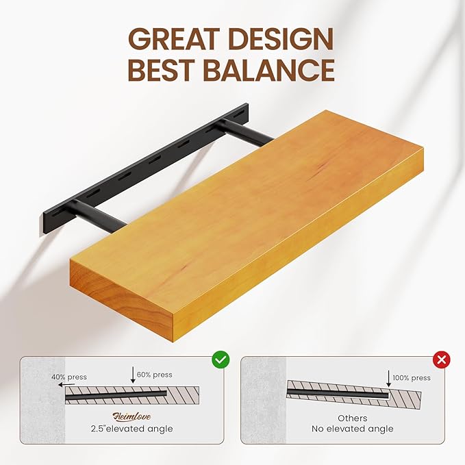 Heimlove 24 inch Floating Shelves for Wall,2 Packs Natural Pine Solid Wood Bathroom Shelf Over Toilet Decor and Storage 8 inches Deep for Kitchen Bedroom Office & Living Room Display Wall Decor