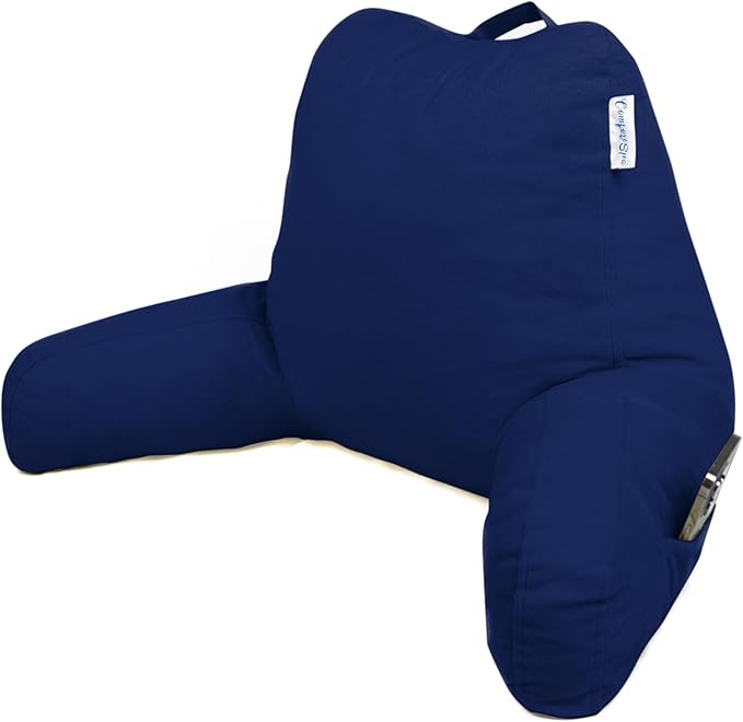 ComfortSpa Reading Pillow for Bed Adult Size, Back Rest Pillow with Arms, Pockets, Washable Cover; Use as Back Pillow for Bed Sitting Up for Bedrest or Relief from GERD Heartburn (Large Navy Blue)