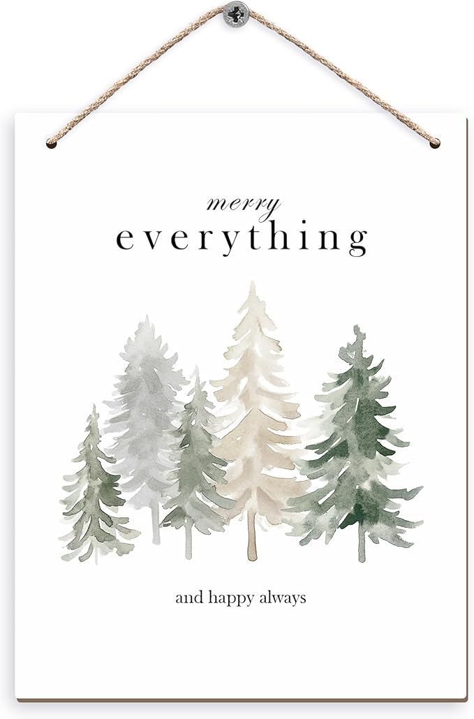 Pine Tree Winter Hanging Wooden Signs 10x8, Welcome Winter Signs, Winter Tree Wall Decor, Merry Everything and Happy Always Winter Home Room Office Hanging Wall Decor