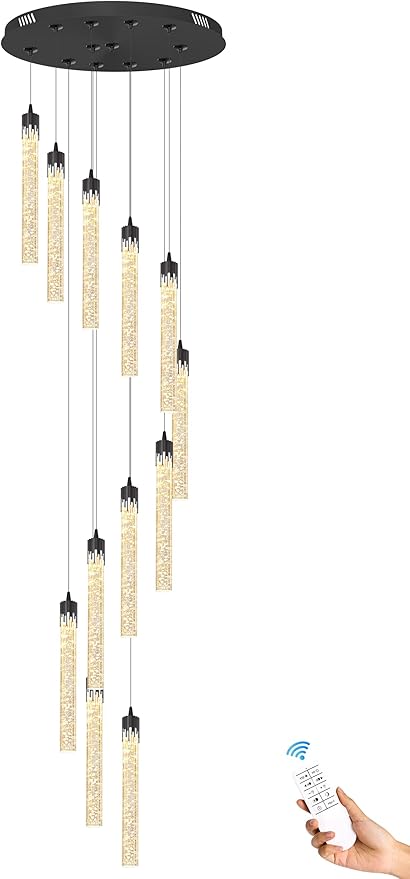 H138'' Crystal Bubble Column Chandelier Black 12-Lights Ceiling Light for Foyer Entrance Pitched Ceiling Loft Lighting Fixture LED Dimmable 2700K-6000K