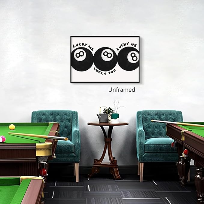 Black 8 Ball Poster, Lucky Me Lucky You Lucky Us Quote Canvas Wall Art, Playful Billiards Balls Picture Print, Retro 8ball Pool Painting for Bar Cart Game Room Man Caves Wall 24x36in Wrapped Canvas