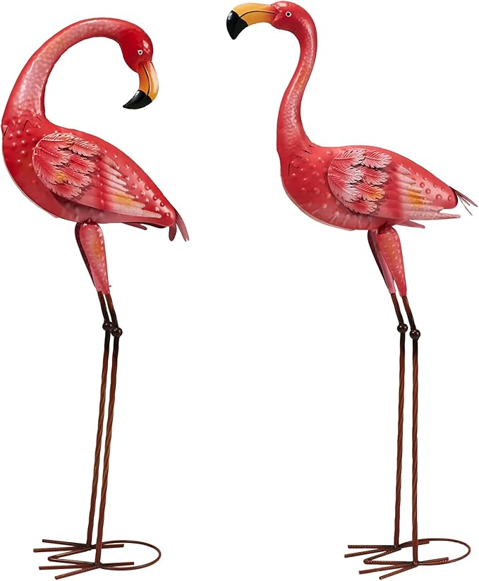 Metal Flamingo Garden Statue, 40" Tall Outdoor Decor Flamingos Yard Art Sculptures and Statues Reinforced Foot, Weatherproof Flamingo Ornaments for Lawn Pool Backyard Decor, Set of 2