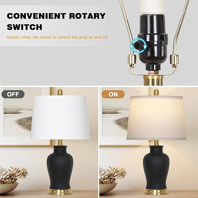 23" Modern Black Ceramic Table Lamps Set of 2, Farmhouse Table Lamps for Living Room, Classic Bedside Lamp with Ginger Jar Design, Elegant Bedroom Lamp for Night stand Desk Side End Table Home Decor