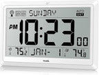 Wall Clock Atomic with Indoor Outdoor Temperature Battery Powered, Easy Reading with 10.5 Inch Large LCD Display, 330FT Range Table Wall Clock with DST, 12/24 Hour for Living Room Kitchen (White)