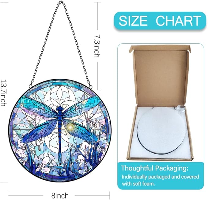 Dragonfly Suncatcher Stained Glass Window Hanging - 8” Stained Glass Suncatchers for Windows - Sun Catchers Indoor Window Catcher with Hooks and Chain - Birthday Gifts for Mom Grandma