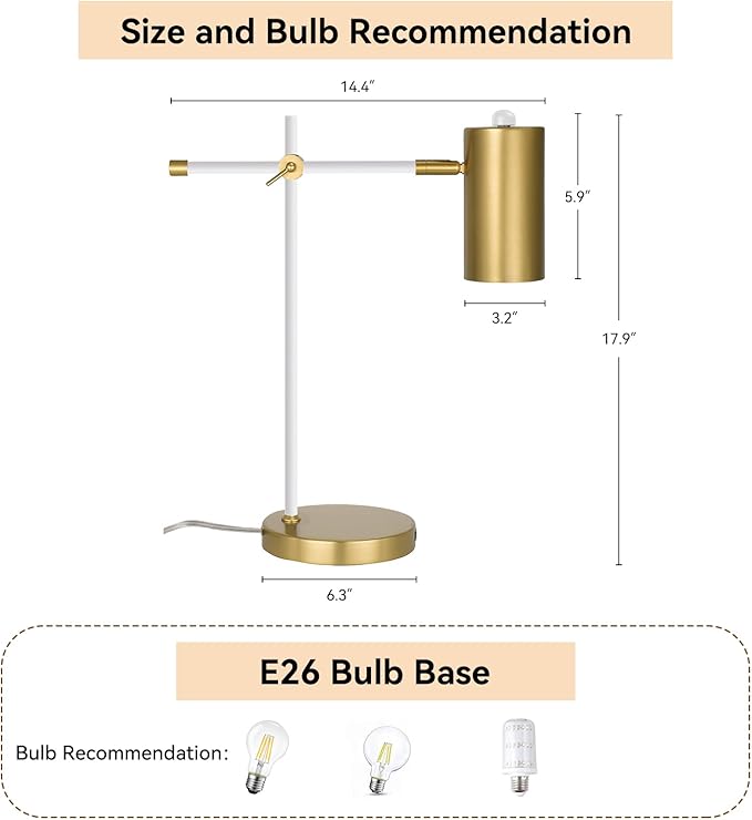 Modern White and Gold Desk Lamp, Minimalist Industrial Table Lamp with Swing Arm, for Study Room Home Office Bedroom Bedside Nightstand