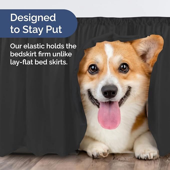 Wrap Around Dust Ruffle Bed Skirt - Black - for King Size Beds with 15 Inch Drop - Easy Fit Elastic Strap - Adjustable Pleated Bedskirt w/Brushed Fabric - Wrinkle Free - for Women, Men, Kids & Teens