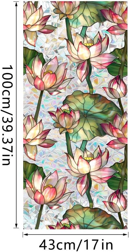 Window Film, Stain Lotus Flower Glass Film Rainbow Floral Static Glass Window Clings Stickers for Home Office Living Room Bedroom Windows Door Decor 16.93 x 39.37 Inches