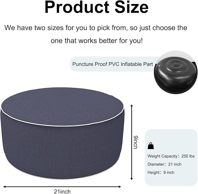 Inflatable Ottoman Stool D21 xH9 for Outdoor/Indoor Use, Water Repellent Patio Foot Rest Stool with Portable Handle,Round Pouf Ottoman Suitable for Garden,Deck and Camping - Textured Navy
