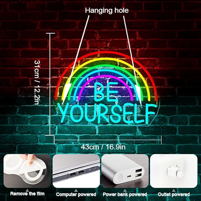 WLHOPE Be Yourself Neon Sign Be Yourself Neon Signs for Wall Decor Dimmable Rainbow Neon Lights Classroom LED Light Up Sign for Bedroom Bookstore Reading Room Library Study Room Decoration