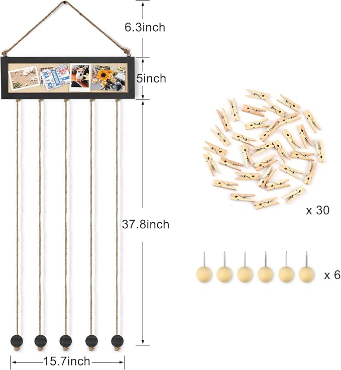 Bikoney Picture Frames Collage Wall Decor Hanging Photo Display Multi Pictures Organizer with Wood Bulletin Board Photo Board 30 Clips and 6 Pushpins for Home and Dorm Room Decor (Black)
