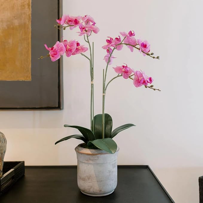 CG Hunter Faux Pink Orchid Plant, Premium Artificial Indoor Flower Display Stands 24”, Beautiful Sculptural Blooms That Lasts Forever, Grey Planter Pot Included