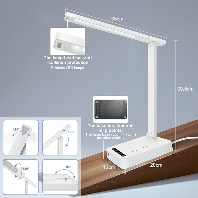 Desk Lamp with 4-Port Charging Station (2 AC Outlets, USB-C, USB-A), 5 Color Modes & Adjustable Brightness, Flexible Gooseneck Arm, Eye-Protecting LED Light Source, Ideal for Home Offices & Bedrooms