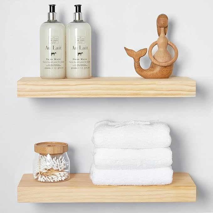 Homeforia 18 inch Natural Floating Shelf, High End Solid Real Wood 18inch Small Floating Shelves for Wall Mounted, Natural Wooden Floating Shelves, Heavy Duty Bracket, 18 X 6.5 X 1.75 in, Set of 4