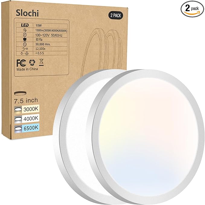2PACK LED Flush Mount Ceiling Light Fixture, 3000K-4000K-6500K & 100W Equivalent Modern Kitchen Recessed Ceiling Lamp 15W 1500Lm 7.5 Inch Closet Round Surface for Bathroom Laundry Bedroom Hallway