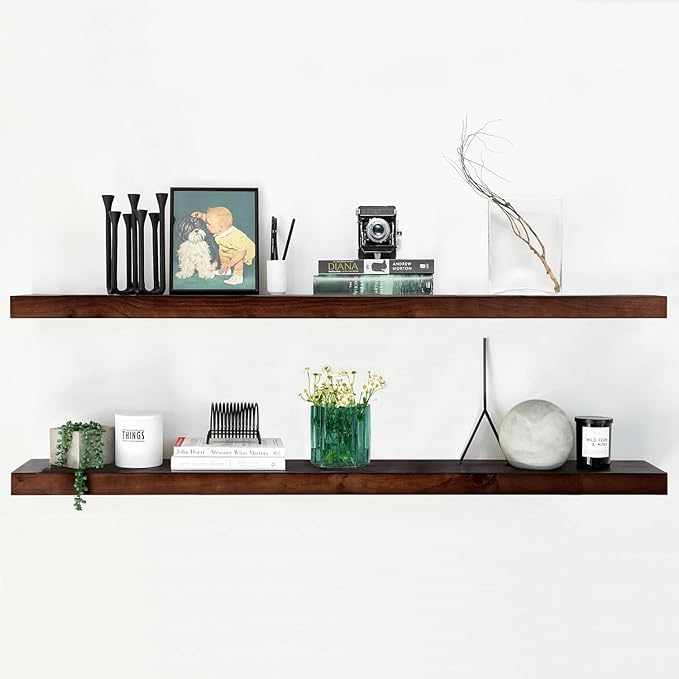 Homeforia Walnut 60 inch Floating Shelf, High End Solid Real Wood 60inch Long Floating Shelf for Wall, Dark Brown Wooden 60in Large Floating Shelves, Heavy Duty Bracket, 60 X 6.5 X 1.75 inch, Set of 3