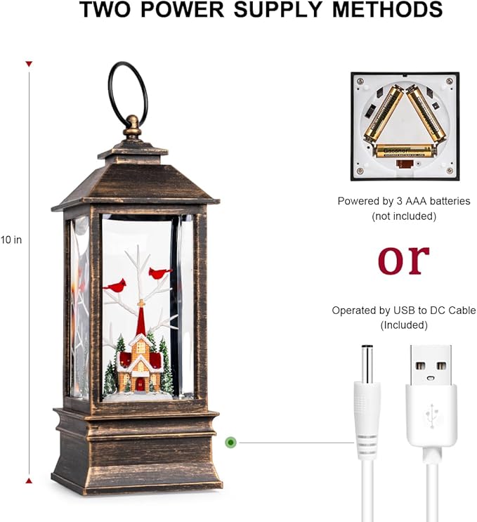 10'' Christmas Snow Globe Lantern Lighted Christmas Village Church Scene Musical Water Lantern with Swirling Glittering Home Decoration and Gift, Battery Operated or USB Powered