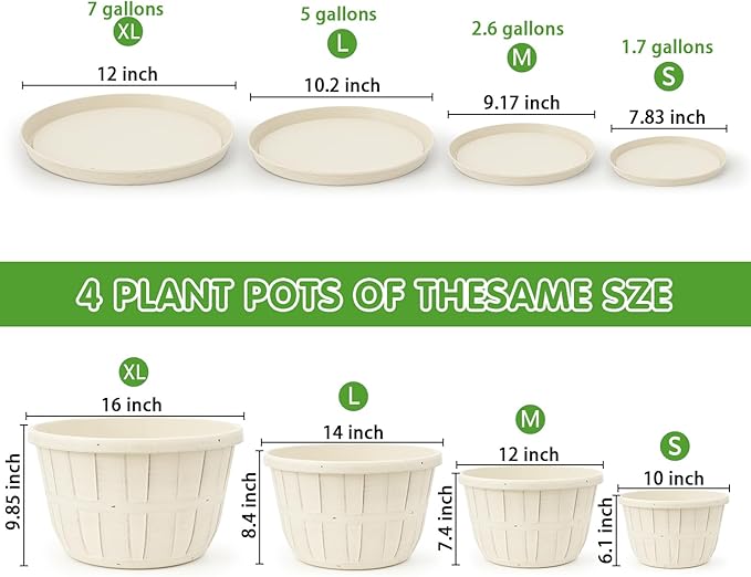 Quarut 14 Inch Plastic-Flower-Pot-for-Indoor-Plants, 4 Pack Large Outdoor Planter Pot with Drainage Holes & Saucers, Resin Decorative Garden Pots Planters（White）