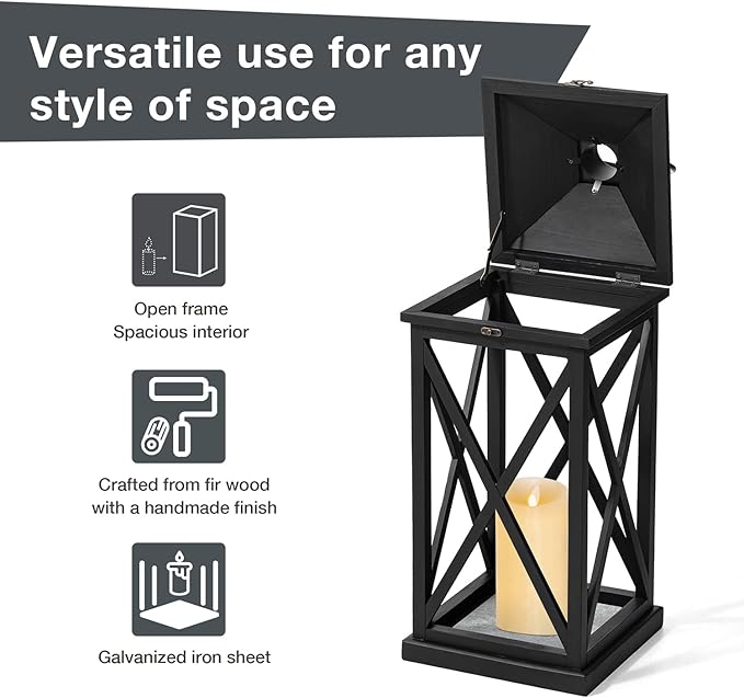 Glitzhome Modern Farmhouse Wooden Lantern Hanging Decorative Candle Lantern for Outdoor & Indoor Black Set of 2 (No Glass)