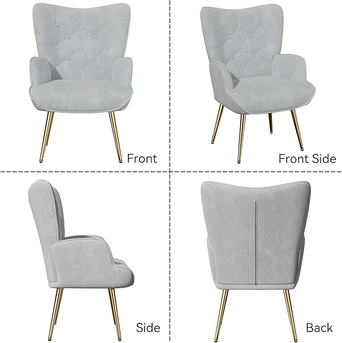 Nalupatio Mid Century Modern Velvet Accent Chair, Tufted Button High Back Chair, Upholstered Wingback Armchair with Metal Legs, High Back Side Chair for Living Room Bedroom, Grey