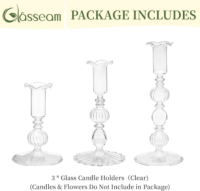 Glasseam Glass Tapered Candlestick Holders: Set of 3 Clear Candle Sticks Holder Decor with Bobeche Modern Ribbed Taper Candle Holders for Table Centerpiece Christmas Wedding Home Decorations