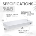 Homeforia White Floating Shelves 16 inch, High End Solid Real Wood 16inch Bathroom Floating Shelf for Wall Mounted, White Wooden 16 Floating Shelves, Heavy Duty Bracket, 16 X 6.5 X 1.75 inch, Set of 2