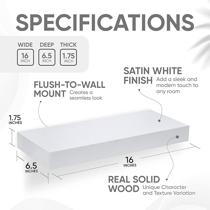 Homeforia White Floating Shelves 16 inch, High End Solid Real Wood 16inch Bathroom Floating Shelf for Wall Mounted, White Wooden 16 Floating Shelves, Heavy Duty Bracket, 16 X 6.5 X 1.75 inch, Set of 2