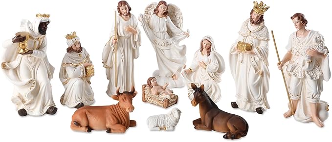 Nativity Set 8.3 Inch 11 PCS Large Christmas Village Nativity Scene Indoor Collectible Bulidings Nativity Sets & Figures Vintage Xmas Holiday Decorations Displays for Room Desktop Decor
