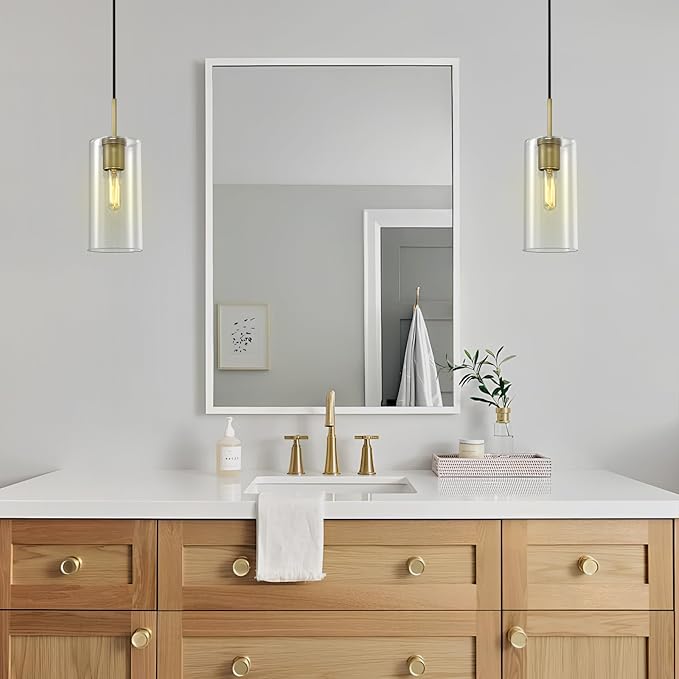 Modern Brass Pendant Lights Kitchen Island Glass Pendant Light Fixtures, 9.5'' Farmhouse Clear Glass Cylinder Pendant Light, Gold Kitchen Pendant Lighting over Island Sink, E26 Bulb Included