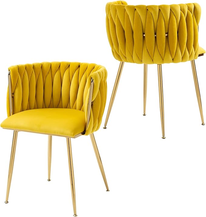 Nrizc Woven Dining Chairs Set of 2, Velvet Upholstered Dining Chairs with Gold Metal Legs, Modern Accent Chairs for Living Room, Dining Room, Kitchen (Yellow)
