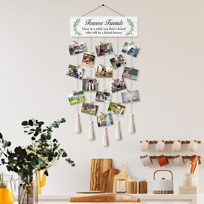 Forever Friends Hanging Photo Display Board with 16 Clips 5 Strings,Rustic Style Picture Collage Frames Wall Decor Wood Hanging for Home Dorm Décor,Housewarming Gifts for Friends Besties
