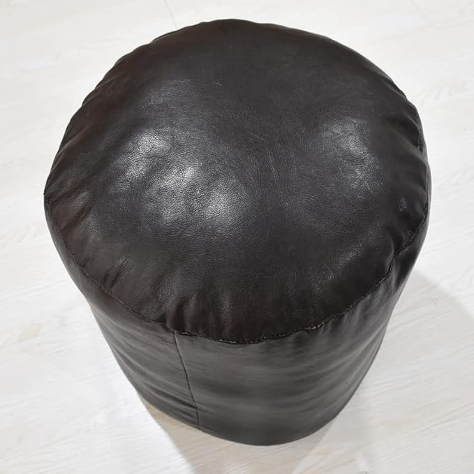 Round Shaped Goat Leather Handmade Eco-Friendly Chocolate Brown Pouf - 18" x 18" x 18", Plain Solid, Recycled Cotton Filled Stuffed, PF12