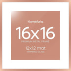 Homeforia 16x16 Picture Frame Rose Gold, High End Metal 16 x 16 Square Poster Frame with Mat 12 x 12 Photo, 16x16 Frame Matted to 12x12 Print, 16by16 Hanging Frames, Tempered Glass, Wall Kit, Set of 1